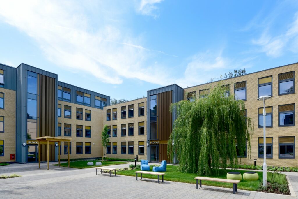 Outside space near blocks of flats for university students with benches and beanbags