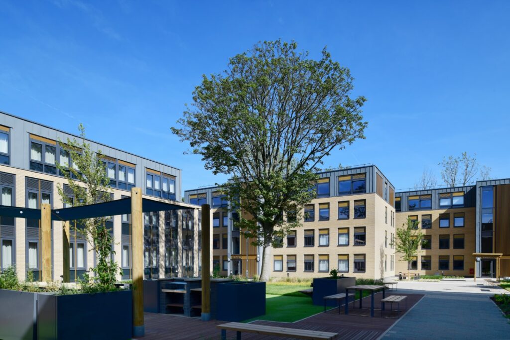 External of green space between university halls of residence